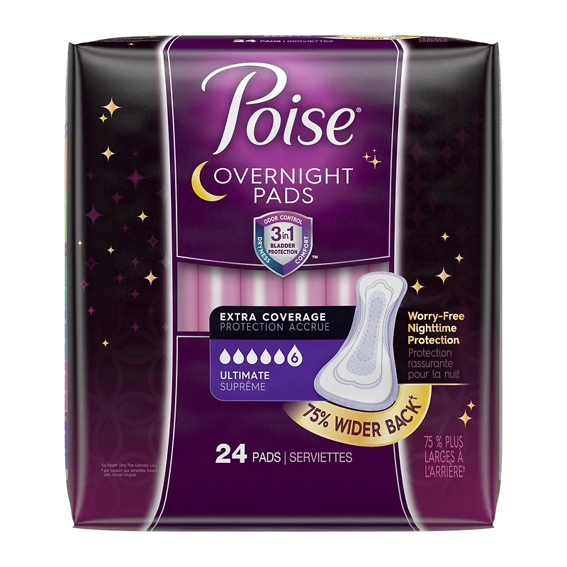 Serviettes de nuit pour incontinence Poise, absorption suprême, protection accrue, 24 serviettes