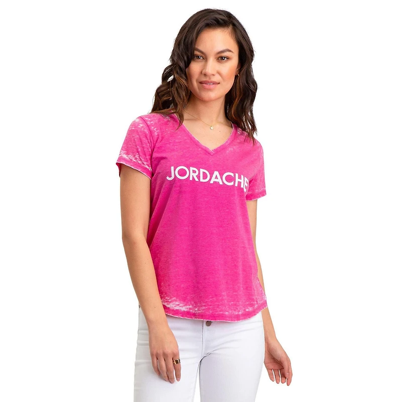 Jordache Women's Curved Hem V-Neck Logo Tee