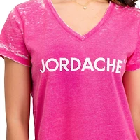 Jordache Women's Curved Hem V-Neck Logo Tee