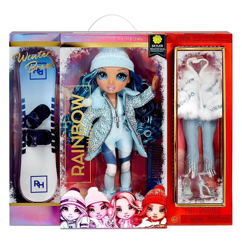 Poupée Rainbow High Winter Break Skyler Bradshaw – Poupée-mannequin Winter Break bleue et jouet avec 2 tenues complètes de poupée, planche à neige et accessoires d’hiver pour la poupée, excellent cadeau pour les enfants de 6 à 12 ans