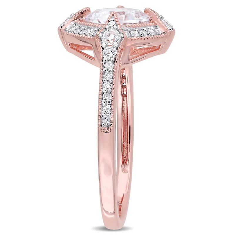 Bague auréole Miabella avec saphirs blancs synthétiques 1-2/5 CT PBT et diamants 1/6 CT poids total en argent sterling plaqué rosé