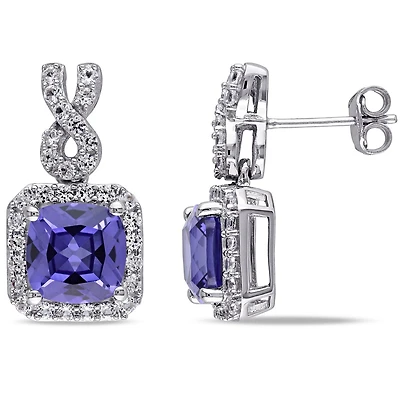 Boucles d'oreille de forme auréole et infini Tangelo avec tanzanites synthétiques et saphirs blancs synthétiques 7-1/10 CT PBT en argent sterling
