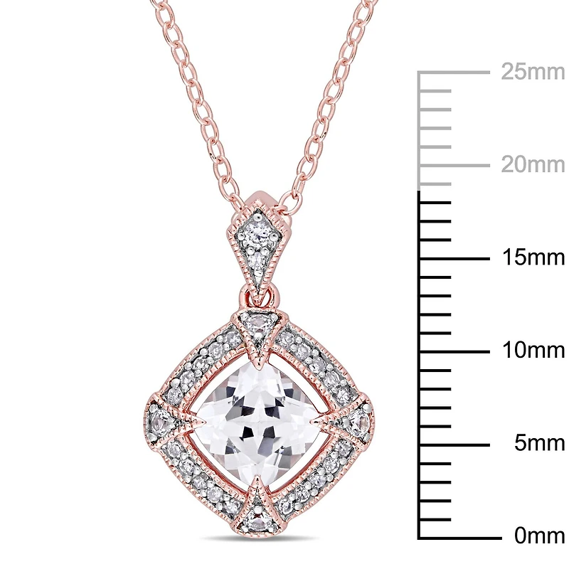 Pendentif auréole Miabella avec saphirs blancs synthétiques 1-1/3 CT PBT et accent de diamants en argent sterling plaqué de rhodium rosé, 18 po