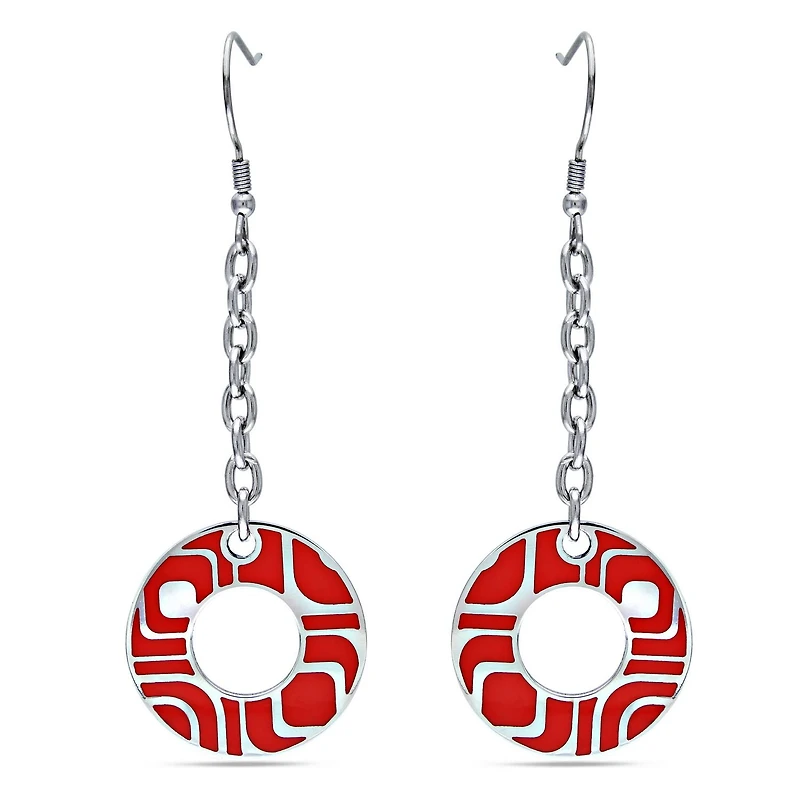 Asteria Stainless Steel Red Round Dangle Earrings