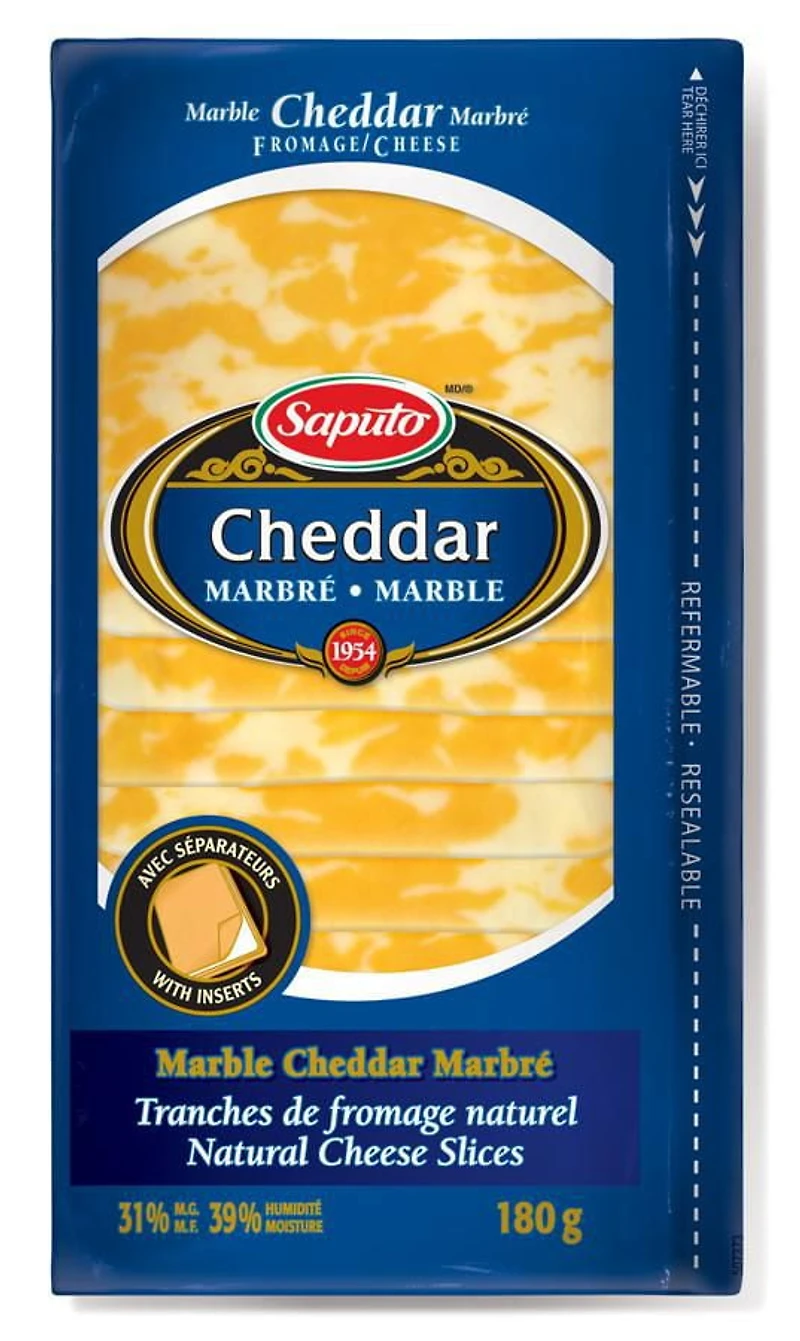 Tranches de fromage naturel à 31 % M.G. Cheddar marbré de Saputo