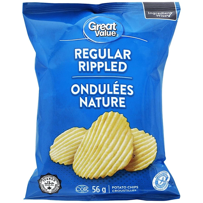 Great Value Regular Rippled Potato Chips, 56 g