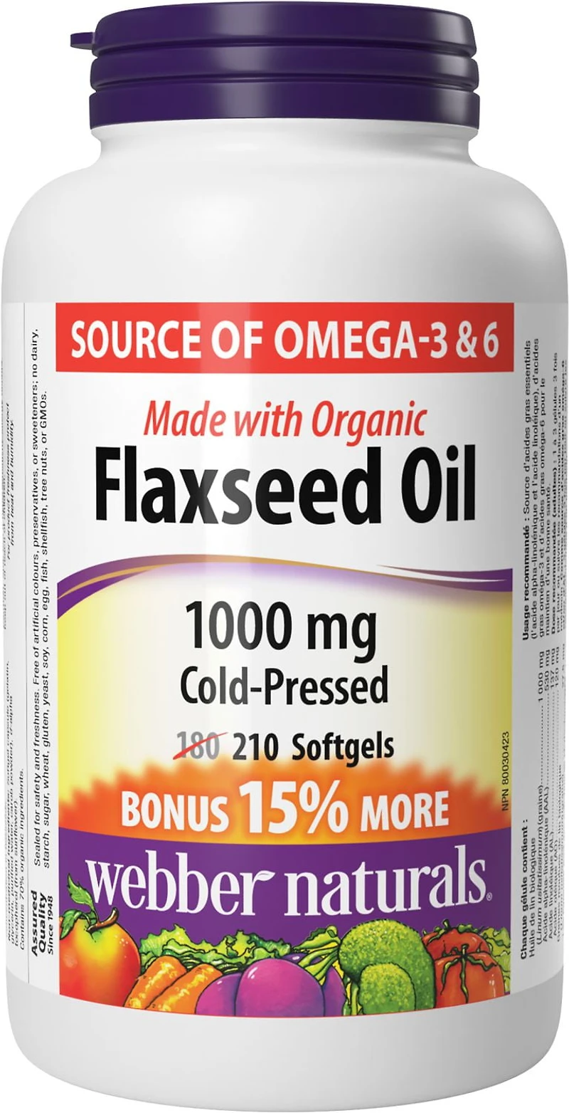 Gélules huile de lin de Webber Naturals pressées à froid Source végétale d’oméga-3 et 6, 210 gélules