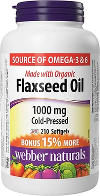 Gélules huile de lin de Webber Naturals pressées à froid Source végétale d’oméga-3 et 6, 210 gélules