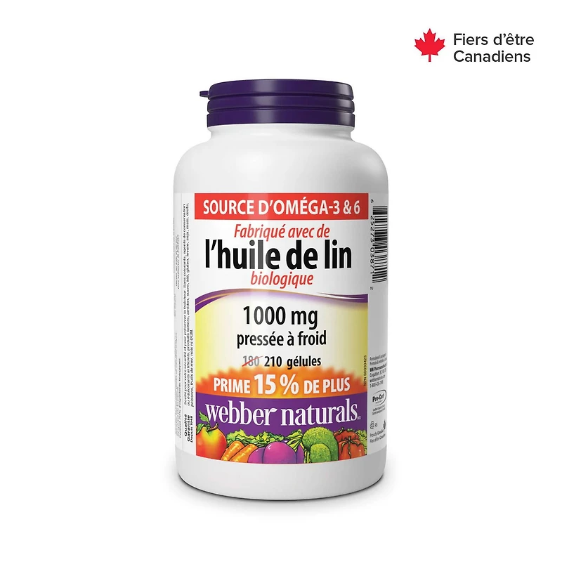 Gélules huile de lin de Webber Naturals pressées à froid Source végétale d’oméga-3 et 6, 210 gélules