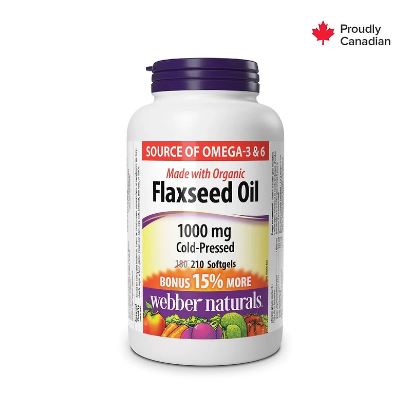 Gélules huile de lin de Webber Naturals pressées à froid Source végétale d’oméga-3 et 6, 210 gélules