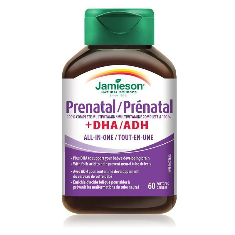 Jamieson 100% Complete Prenatal Multivitamin Softgels with DHA and Folic Acid, 60 Count