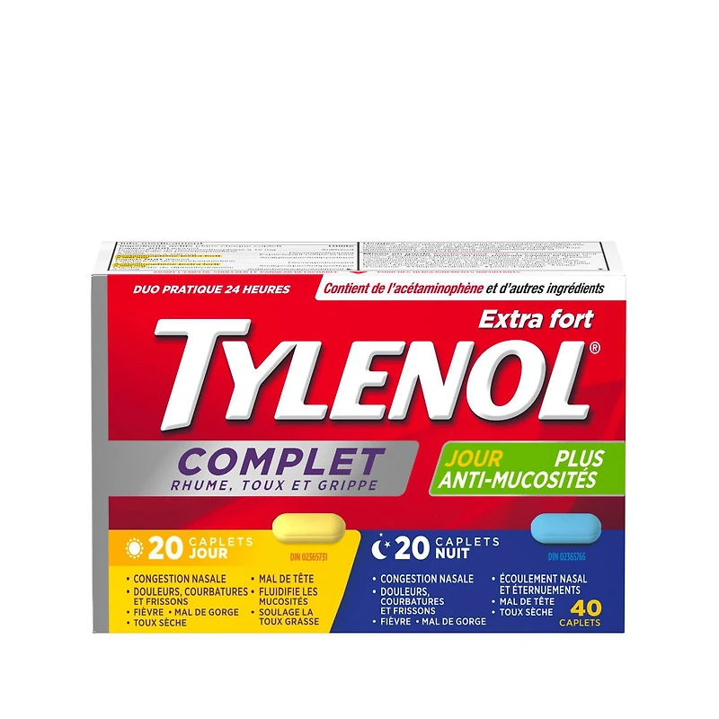 Tylenol Extra fort, Complet Rhume, toux et grippe, Duo pratique Jour/Nuit, soulage les symptômes de rhume, toux et grippe Les caplets soulagent efficacement les symptômes du rhume, de la toux et de la grippe. Boîte de 40 caplets.