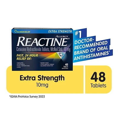 Reactine Extra fort, comprimés antiallergiques/antihistaminiques, chlorhydrate de cétirizine à 10 mg, soulagement 24 h 48 Comprimés