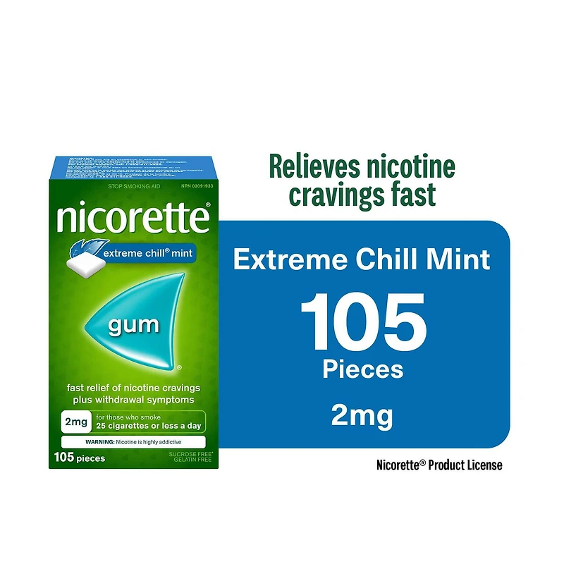 Nicorette Gomme à 2 mg de nicotine, saveur de menthe Frissons extrêmes, aide antitabagique et aide pour cesser de fumer 105 morceaux