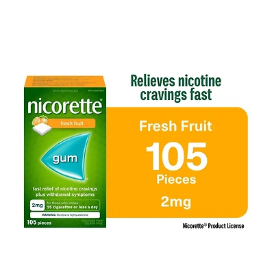 Nicorette Gum, Nicotine 2mg, Fruit Flavour, Quit Smoking Aid and Smoking Cessation Aid, 105 pieces