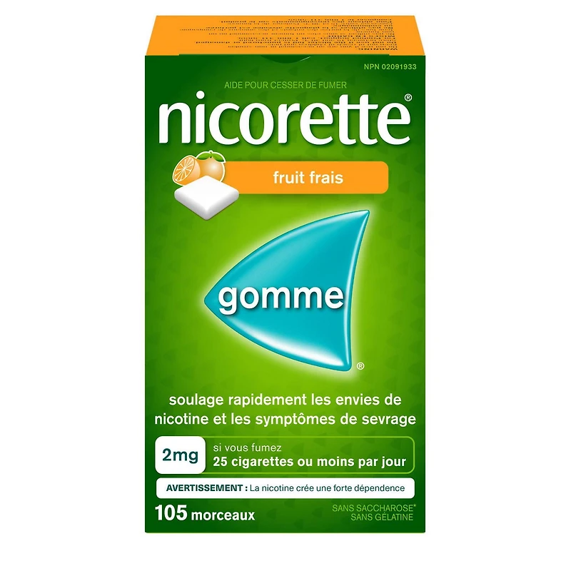 Nicorette Gomme à 2 mg de nicotine, saveur de Fruit  , aide antitabagique, aide pour cesser de fumer 105 morceaux