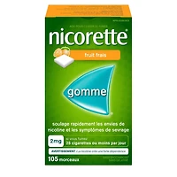 Nicorette Gomme à 2 mg de nicotine, saveur de Fruit  , aide antitabagique, aide pour cesser de fumer 105 morceaux
