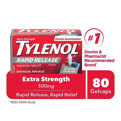 Tylenol Extra fort Action rapide en gélules à 500 mg. Soulage le mal de tête, la douleur et la fièvre 80 gélules
