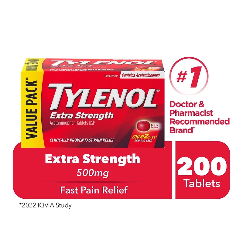 Tylenol Pain Relief Medicine, Headache and Pain Reliever and Fever Reducer, Extra Strength, Acetaminophen eZ Tabs, 500 mg, 200 Count