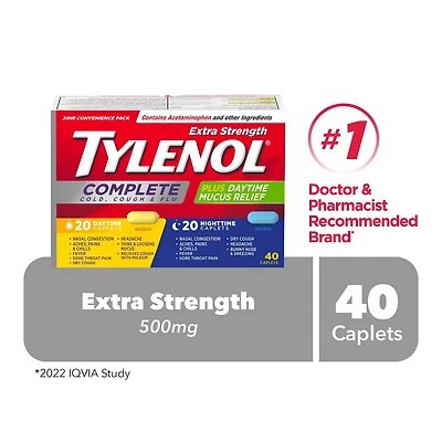 Tylenol Extra fort, Complet Rhume, toux et grippe, Duo pratique Jour/Nuit, soulage les symptômes de rhume, toux et grippe Les caplets soulagent efficacement les symptômes du rhume, de la toux et de la grippe. Boîte de 40 caplets.