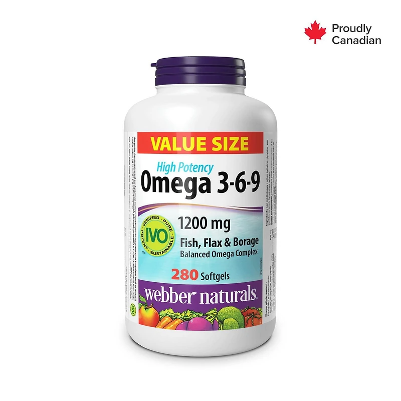 Webber Naturals® Omega 3-6-9 High Potency Fish, Flax & Borage 1200 mg, Supports Heart and Mind, 280 Softgels
