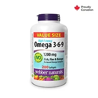 Webber Naturals® Omega 3-6-9 High Potency Fish, Flax & Borage 1200 mg, Supports Heart and Mind, 280 Softgels