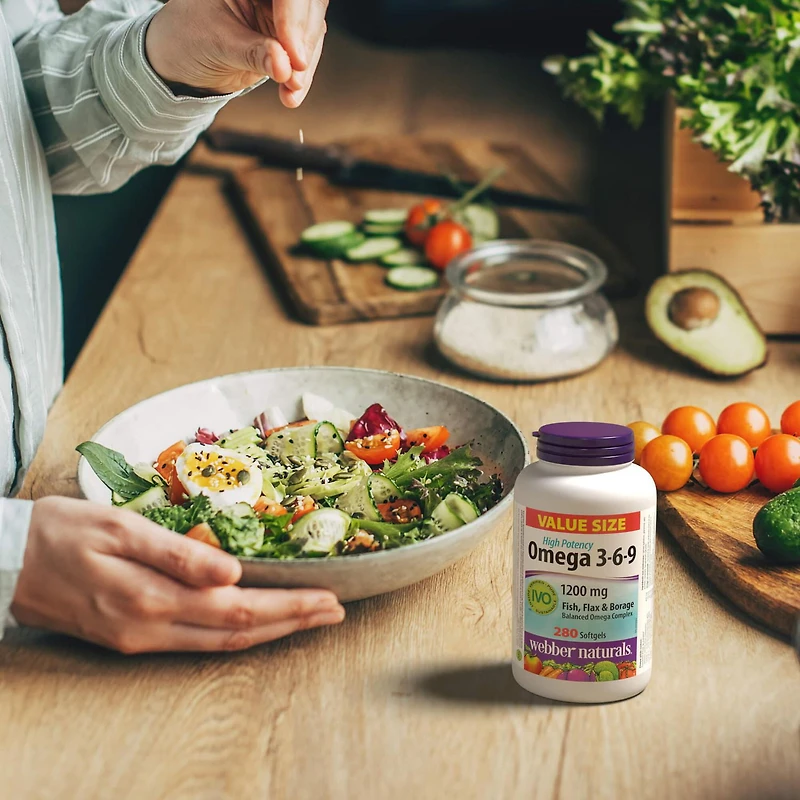 Webber Naturals® Omega 3-6-9 High Potency Fish, Flax & Borage 1200 mg, Supports Heart and Mind, 280 Softgels