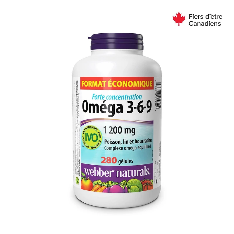 Webber Naturals Oméga 3-6-9 Poisson, Lin et Bourrache 1 200 mg Soutient des Coeur et Cerveux, 280 Gelules