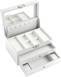 Large Hinged Lock and Key Jewellery Box with Metal Accents and Drawers