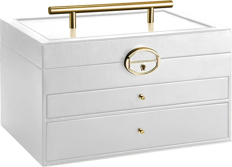Large Hinged Lock and Key Jewellery Box with Metal Accents and Drawers