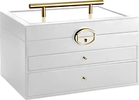 Large Hinged Lock and Key Jewellery Box with Metal Accents and Drawers