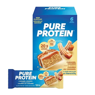 Pure Protein Caramel Churro Bars - Nutritious, Low Sugar, Gluten Free snack with Whey Protein Blend, Made in Canada, 6 x 50 g, Caramel protein bar