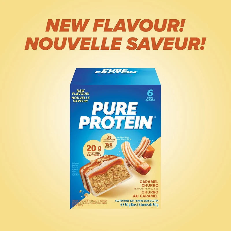 Pure Protein Caramel Churro Bars - Nutritious, Low Sugar, Gluten Free snack with Whey Protein Blend, Made in Canada, 6 x 50 g, Caramel protein bar