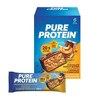 Barres de chocolat et beurre d'arachide Pure Protein - 20 g de protéines, faible en sucre, collation sans gluten avec mélange de whey, fabriquées au Canada, 6 x 50 g Barre protéinée choco-PB