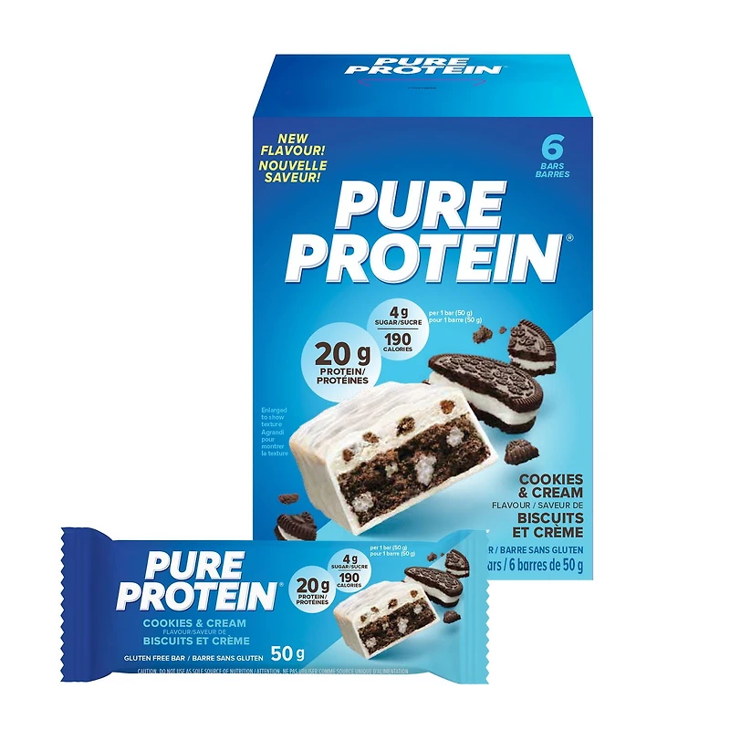 Pure Protein Cookies and Cream Bars-20 g Protein, Low Sugar, Gluten Free Snack with Whey Blend, Made in Canada, 6 x 50 g, Protein bar-Cookies and cream