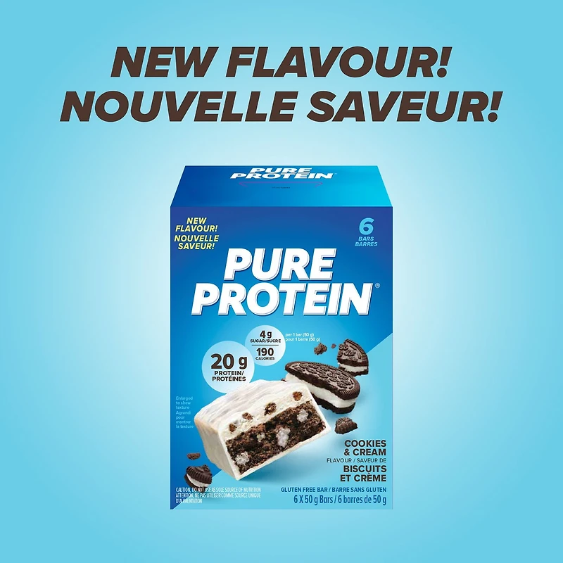 Pure Protein Cookies and Cream Bars-20 g Protein, Low Sugar, Gluten Free Snack with Whey Blend, Made in Canada, 6 x 50 g, Protein bar-Cookies and cream
