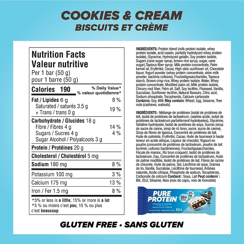 Pure Protein Cookies and Cream Bars-20 g Protein, Low Sugar, Gluten Free Snack with Whey Blend, Made in Canada, 6 x 50 g, Protein bar-Cookies and cream