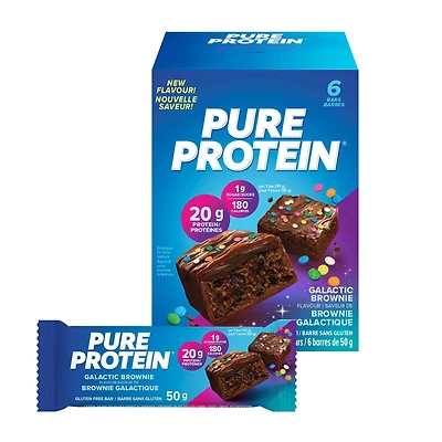 BROWNIE GALACTIQUE, 20 g de protéines, sans gluten, 6 barres de 50 g Nouvelle apparence! Les barres Pure Protein marient une haute teneur en protéines à un goût délicieux. Une combinaison gagnante!