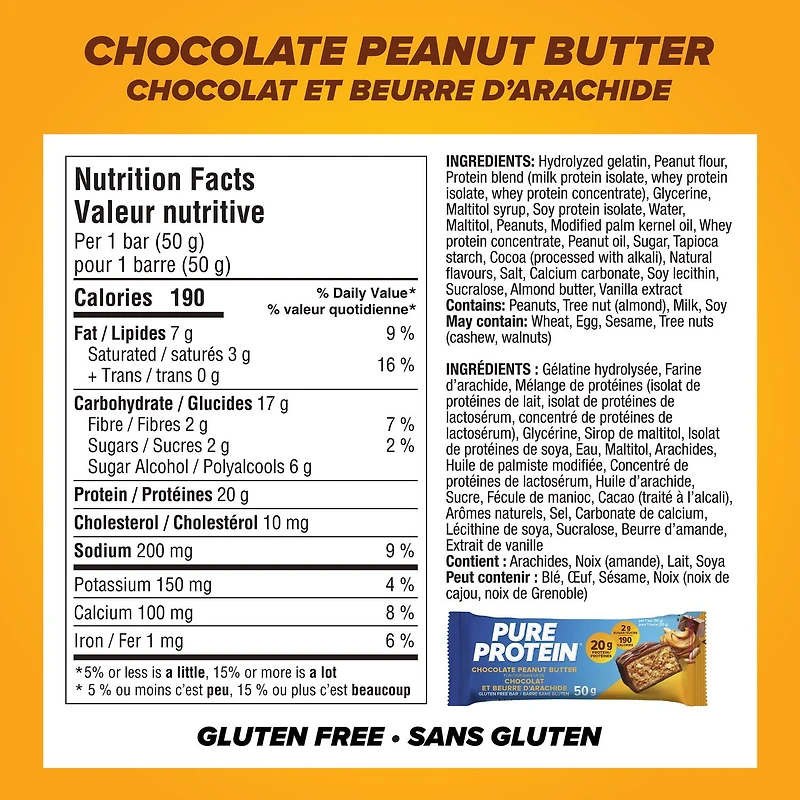 Barres de chocolat et beurre d'arachide Pure Protein - 20 g de protéines, faible en sucre, collation sans gluten avec mélange de whey, fabriquées au Canada, 6 x 50 g Barre protéinée choco-PB
