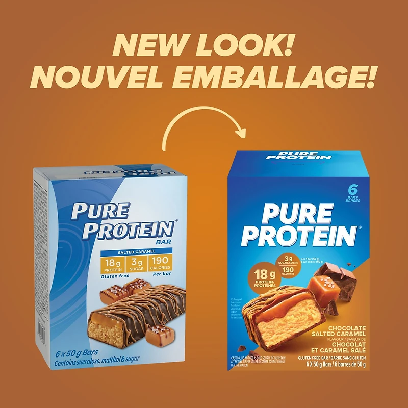 Pure Protein Chocolate Salted Caramel Bars - 18 g Protein, Low Sugar, Gluten Free Snack with Whey Blend, Made in Canada, 6 x 50 g, Salted caramel protein bar