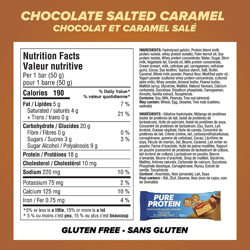 Pure Protein Chocolate Salted Caramel Bars - 18 g Protein, Low Sugar, Gluten Free Snack with Whey Blend, Made in Canada, 6 x 50 g, Salted caramel protein bar