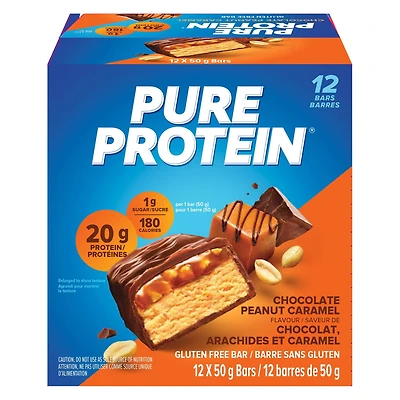 CHOCOLAT, ARACHIDES ET CARAMEL, 20 g de protéines, sans gluten, 12 barres de 50 g