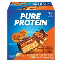 CHOCOLAT, ARACHIDES ET CARAMEL, 20 g de protéines, sans gluten, 12 barres de 50 g