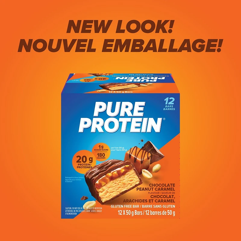 CHOCOLAT, ARACHIDES ET CARAMEL, 20 g de protéines, sans gluten, 12 barres de 50 g