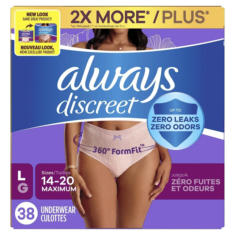 Always Discreet Adult Incontinence Underwear for Women and Postpartum Underwear, L, Up to 100% Bladder Leak Protection