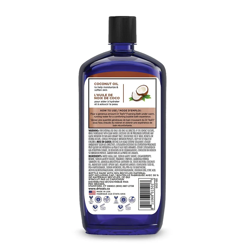 Dr Teal's Bain Moussant avec Du Sel D'Epsom Pur, Nourrir et Protéger avec de L'huile De Noix De Coco 34 fl oz / 1 L