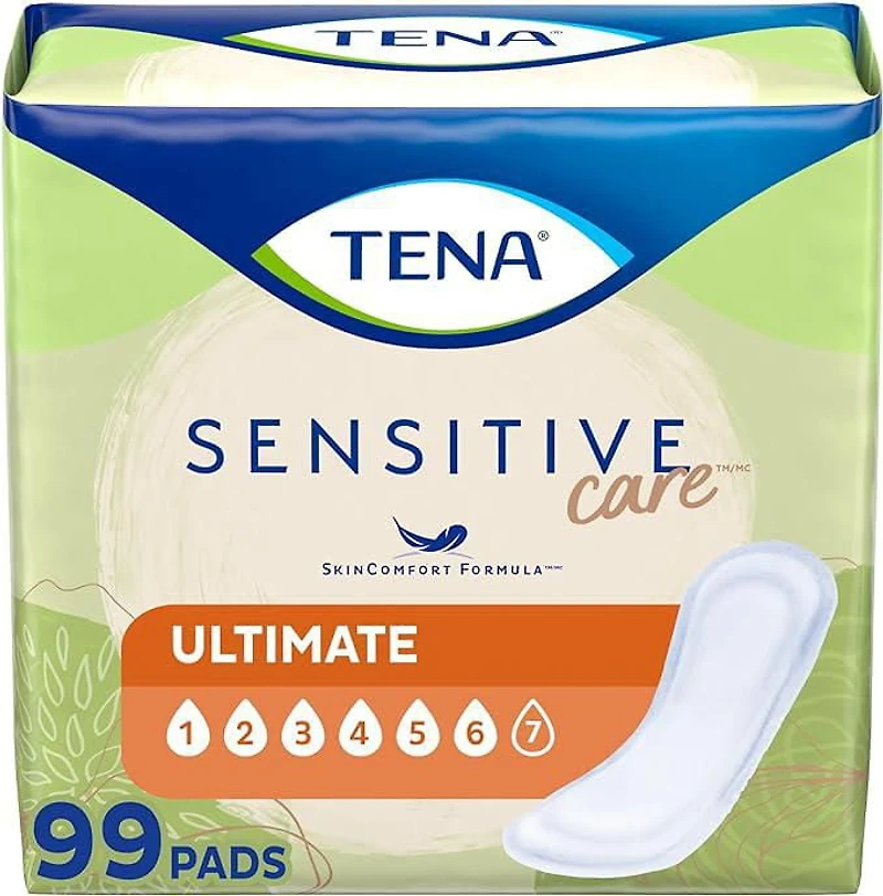 TENA Sensitive Care Incontinence Pads for Women, Ultimate Absorbency, Regular, 99 Count.