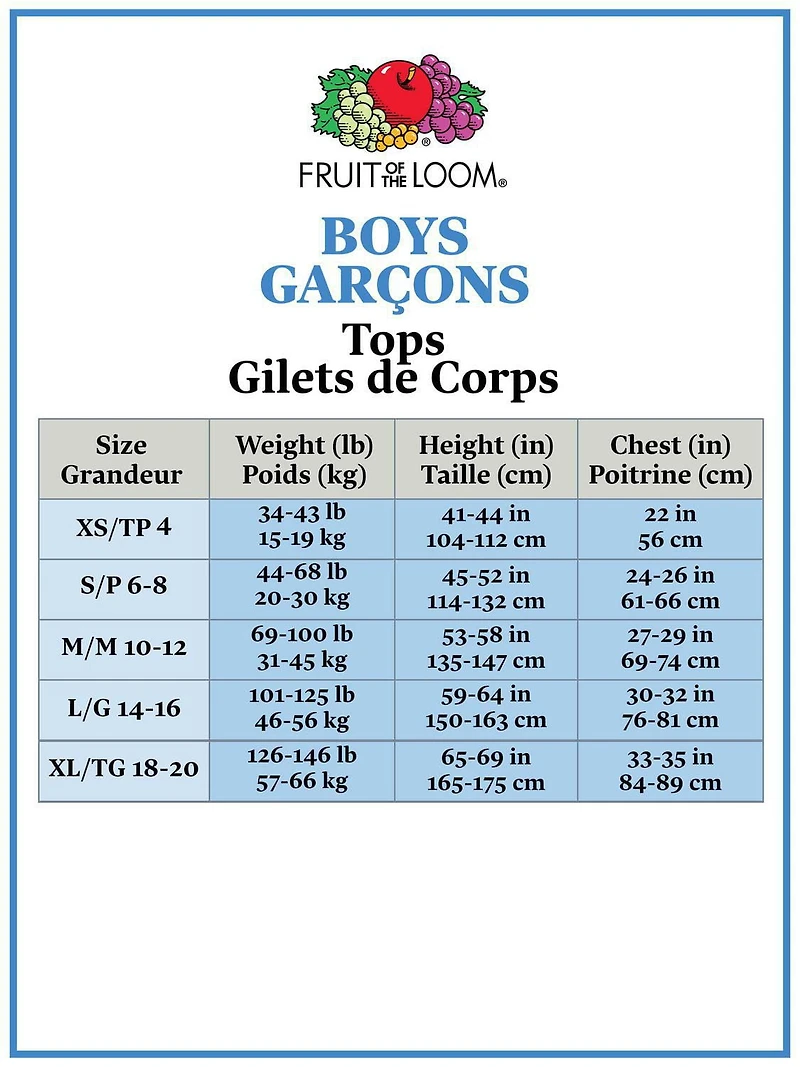 Camisoles Blanches pour garçons Fruit of the Loom, paquet de 5
