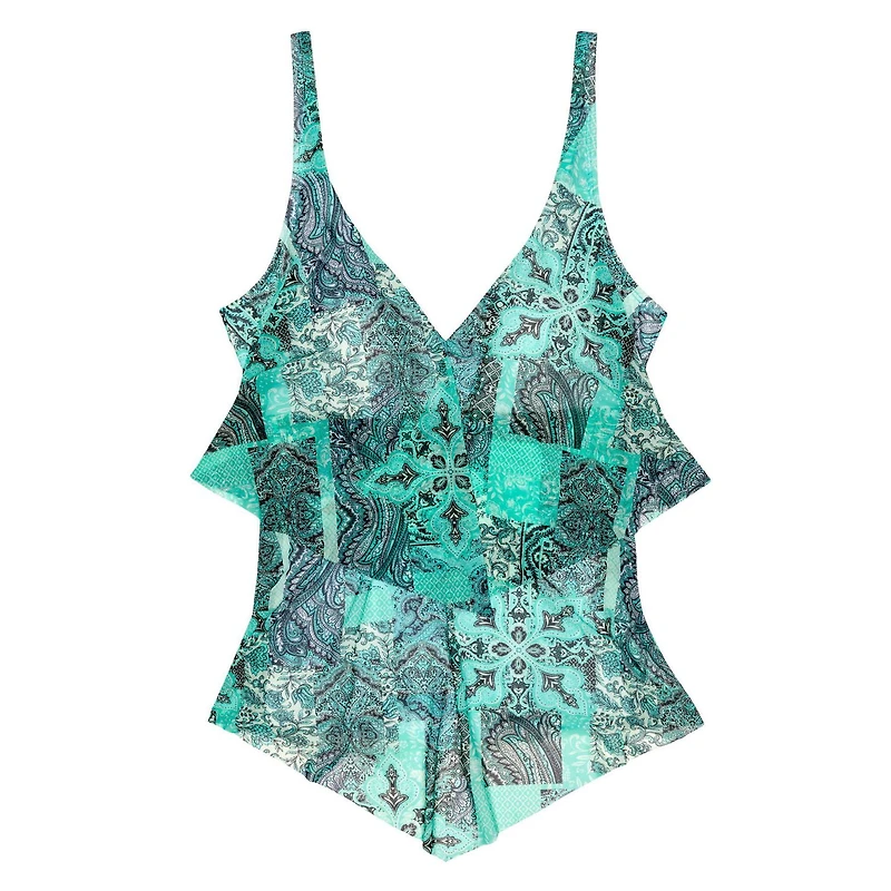Krista Women's V Neck Mesh Tiered Ruffle Tankini Swim Top