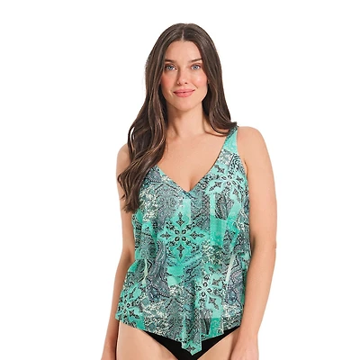 Krista Women's V Neck Mesh Tiered Ruffle Tankini Swim Top